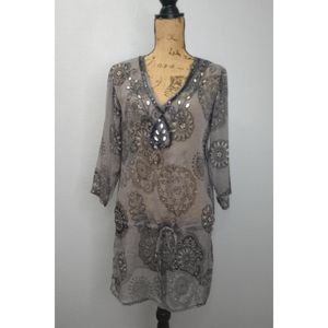 Priya Womens Large Gray Sequin Rhinestones Sheer Swim Cover Tunic Top